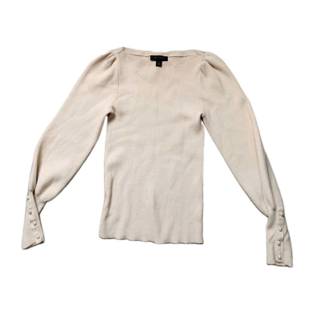 Ann Taylor Ribbed Knit Sweater XS Beige Balloon Sleeve Pearl Button Cuff EUC